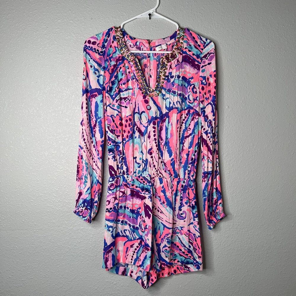 Lilly Pulitzer Colony Coral Shell Out Colby Pink Blue Print Romper XS